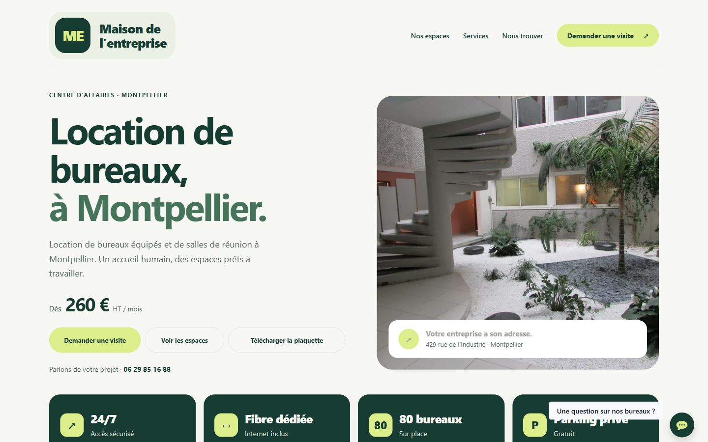 Capture du site Maison de l’Entreprise, présentation des espaces à Montpellier.