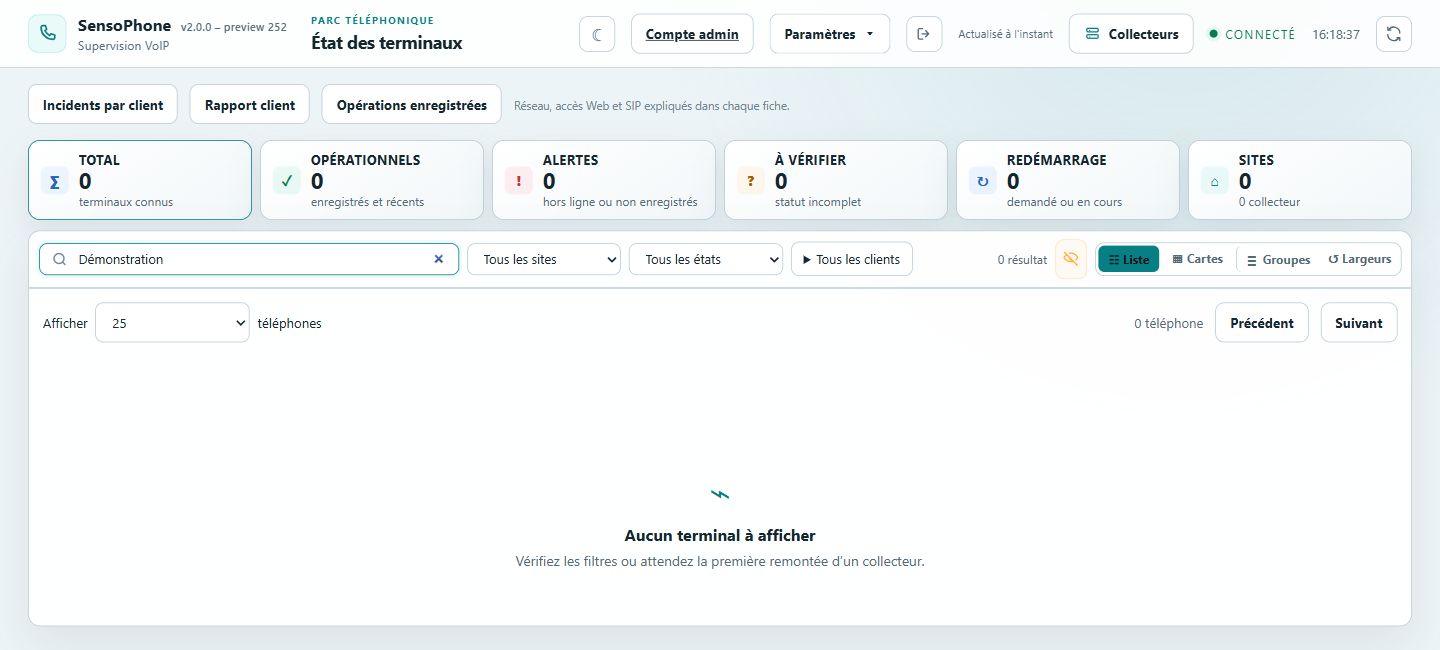 Interface SensoPhone de supervision des terminaux VoIP, vue filtrée sans données clients.