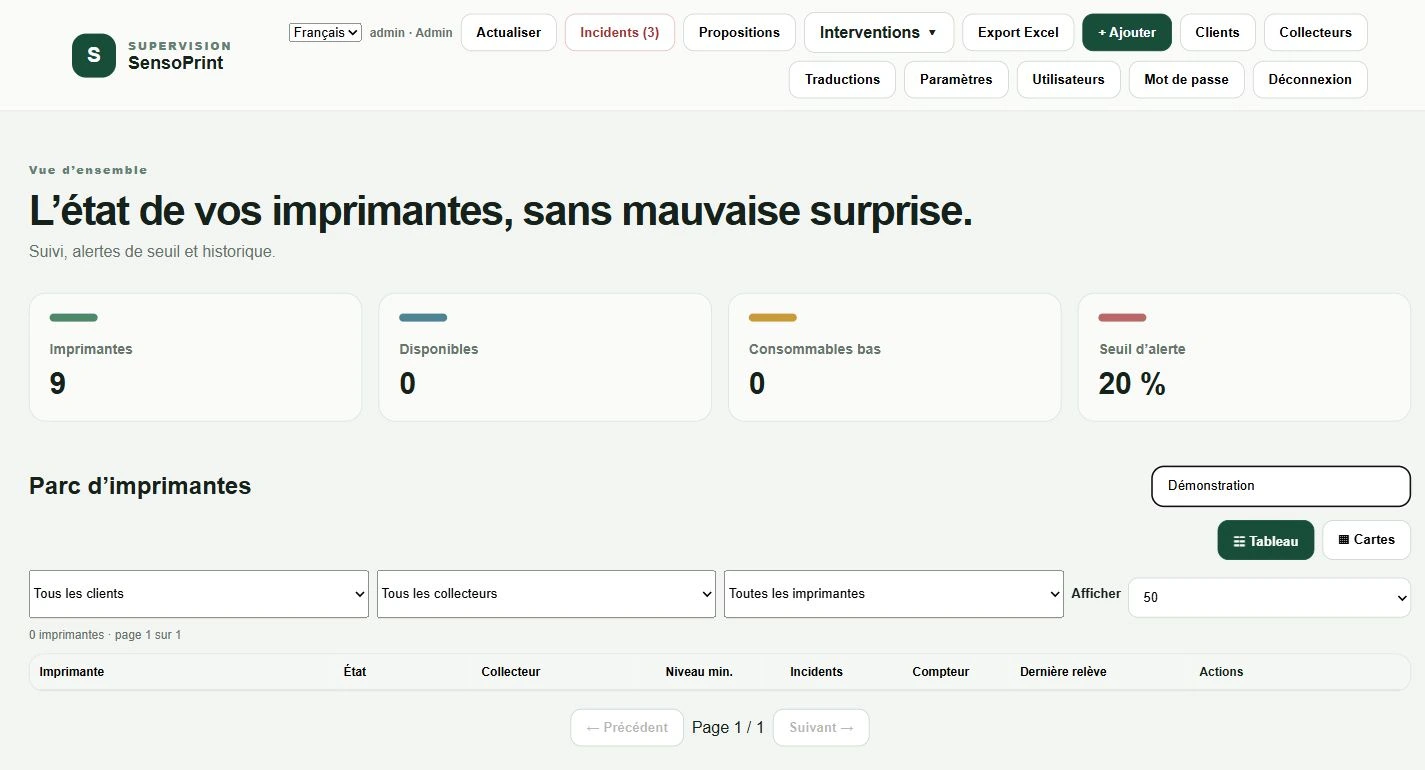 Interface SensoPrint de supervision du parc d’imprimantes, vue filtrée sans données clients.